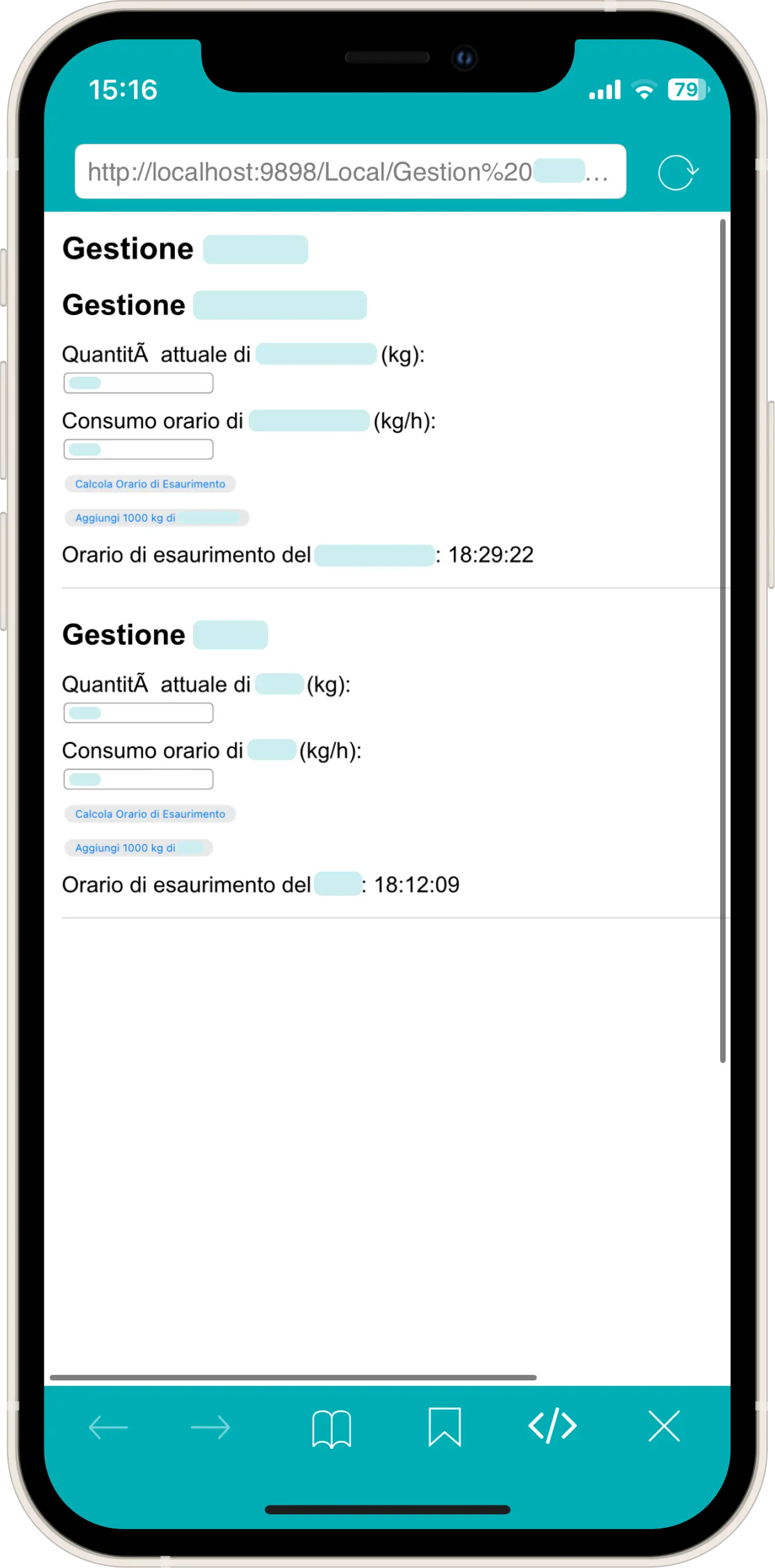 The primitive interface of version 0.0.1 built with only raw HTML, showing the two standard buttons to add 1000 kg