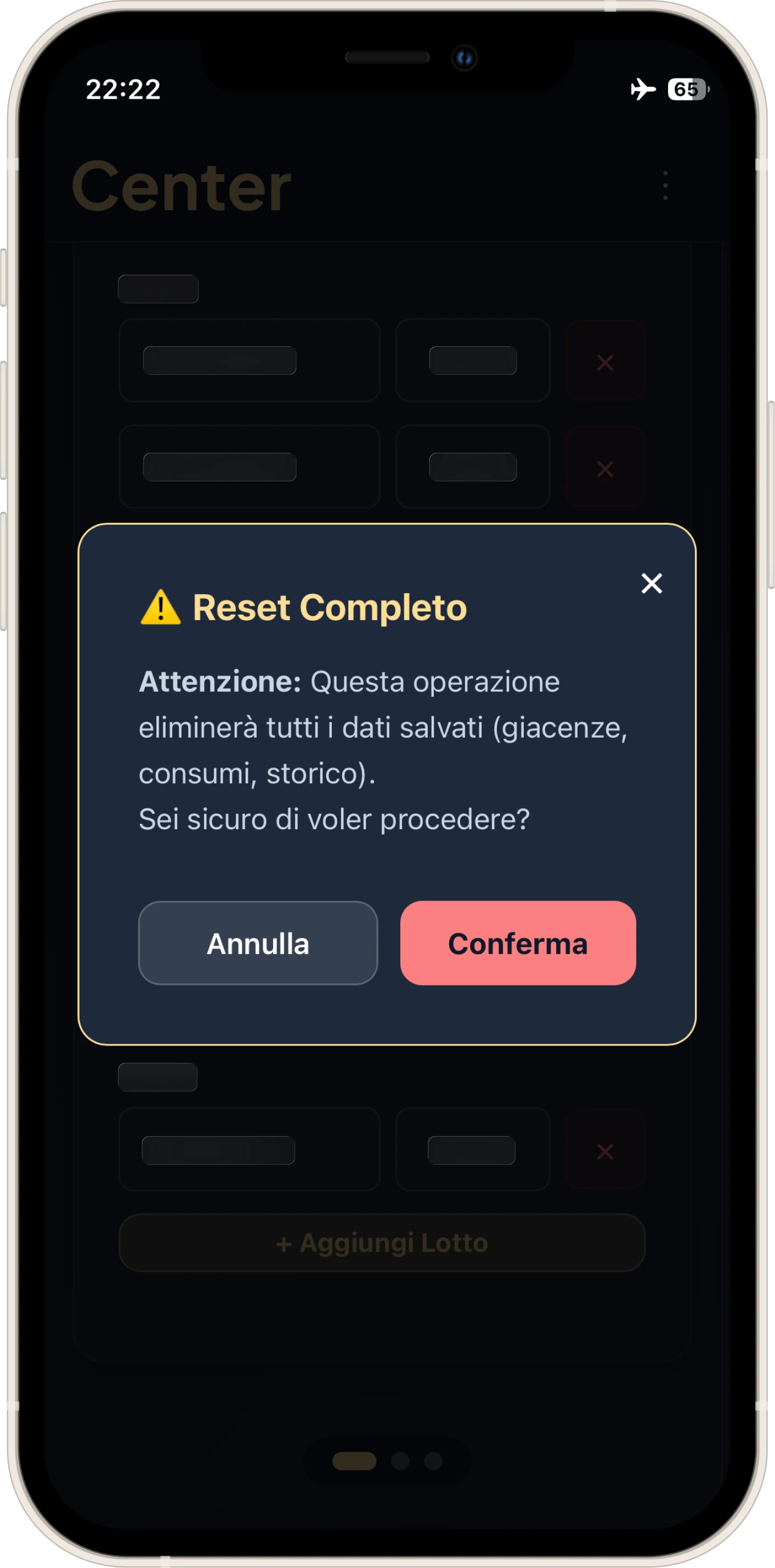 The safety window intercepting the destructive full reset action, asking for explicit confirmation from the user to avoid accidental loss of batch history