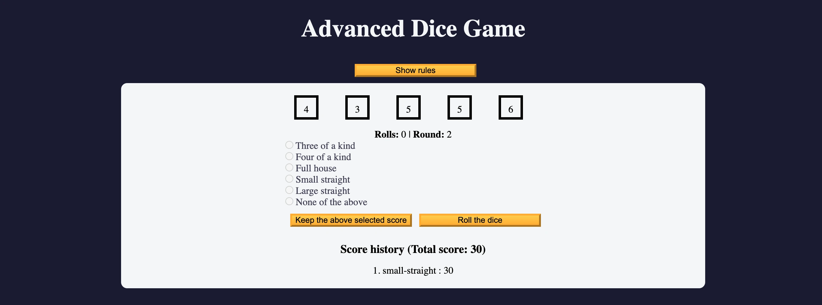 Score history panel showing total score of 30 from one small straight worth 30 points