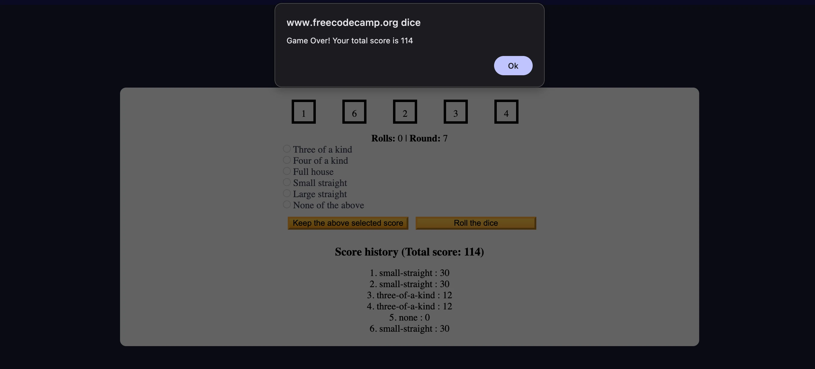 Game over screen displaying final score