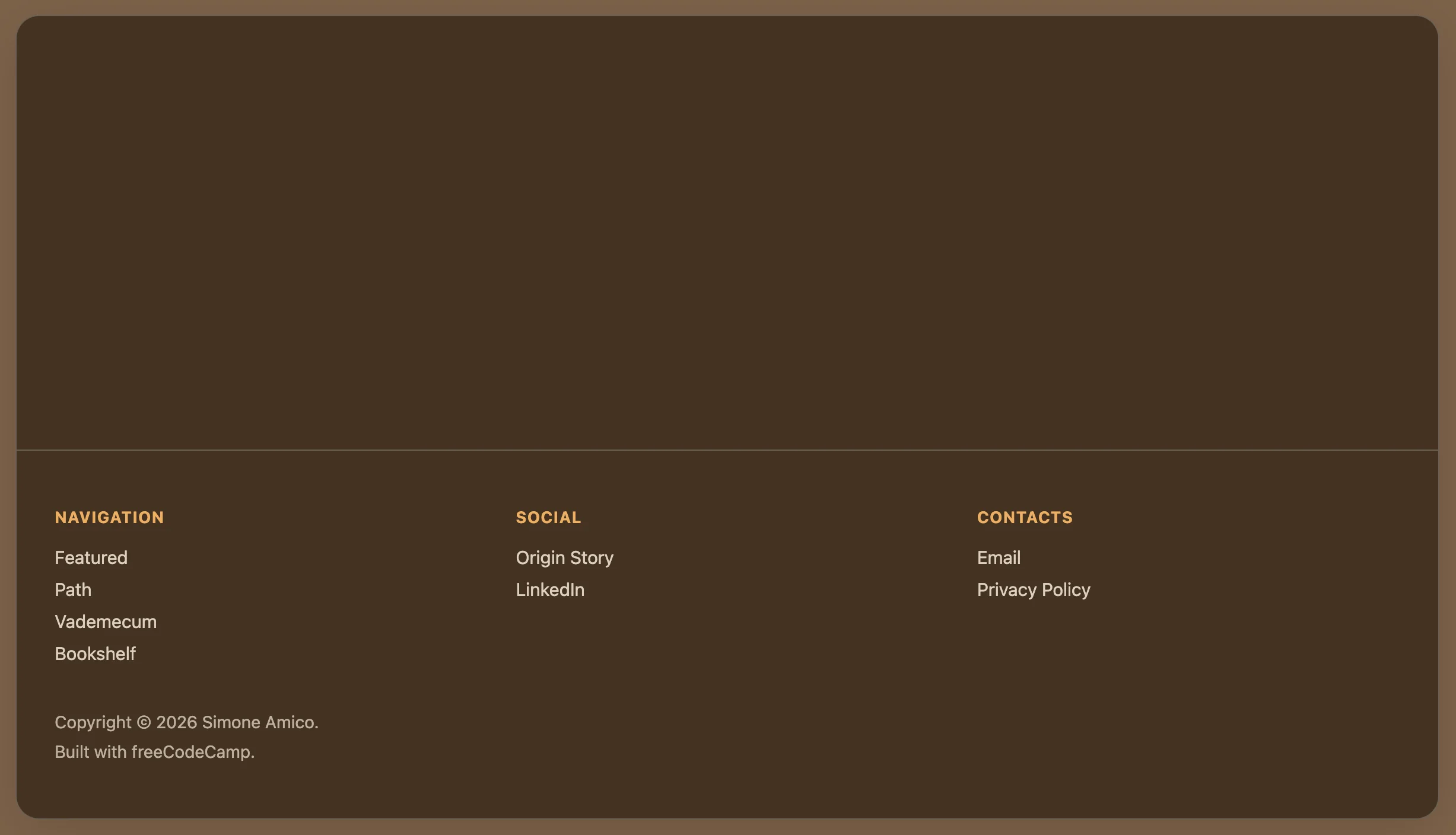 Reusable Footer - Three Column Layout with Navigation, Social and Contacts (Screenshot Desktop)