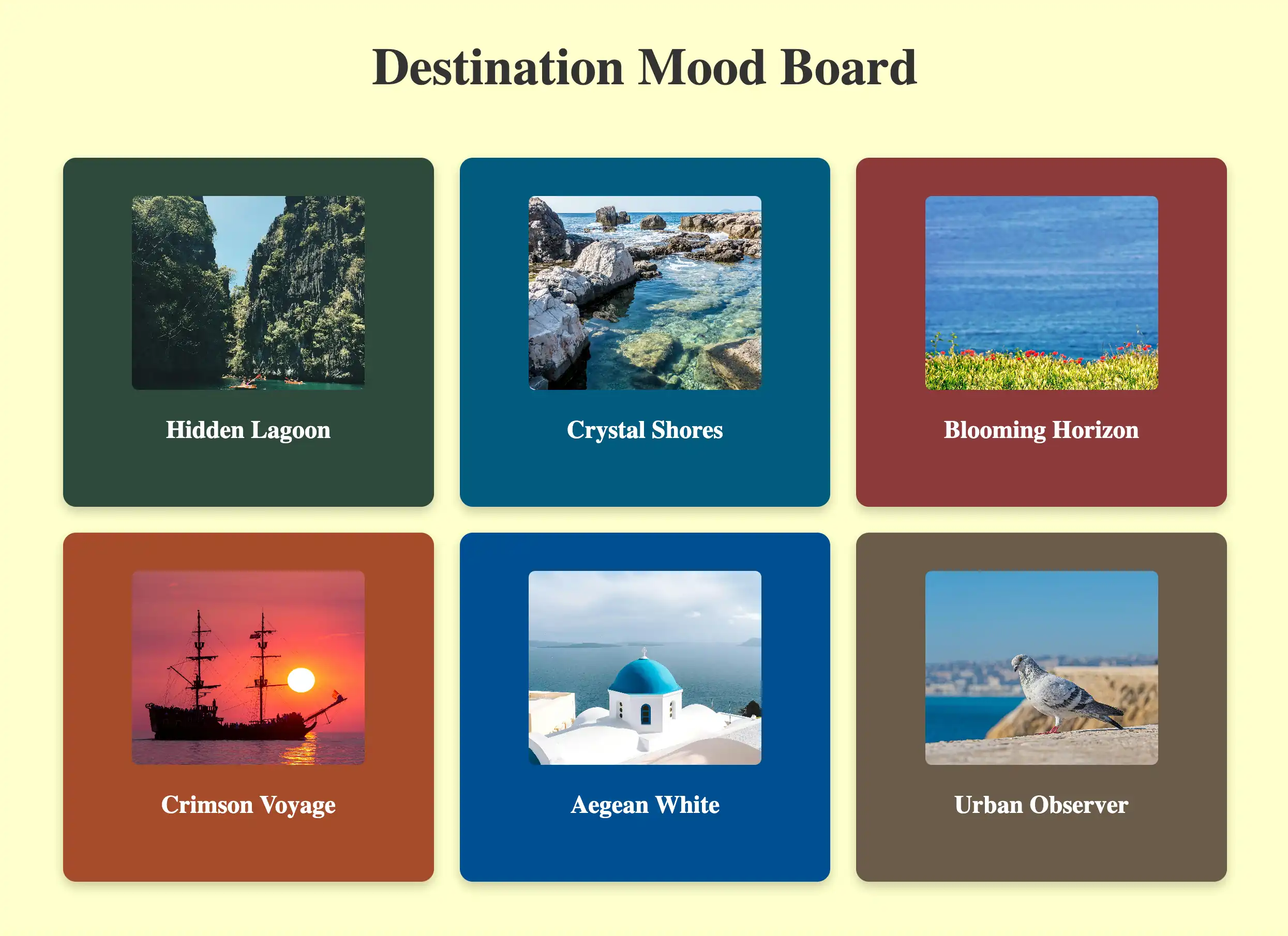 Desktop preview of the React Mood Board project: displaying a grid layout with dynamic cards showing images, dominant colors, and descriptive titles