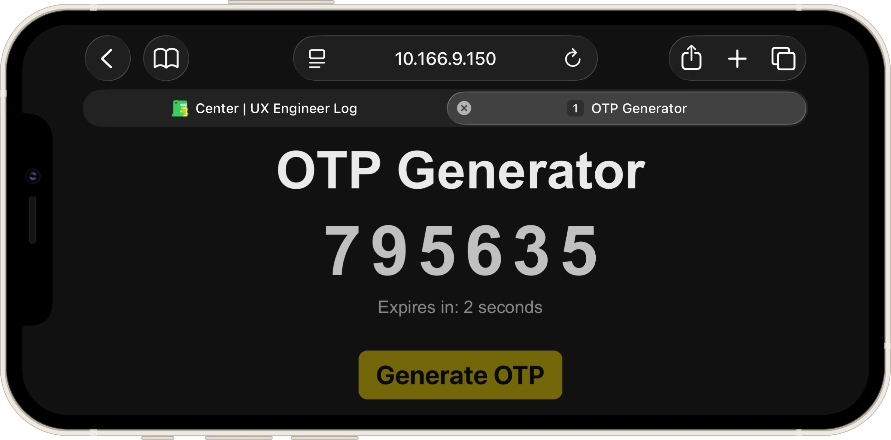 OTP Generator in landscape mode showing the generated code 795635 with the countdown timer 'Expires in: 2 seconds' below it