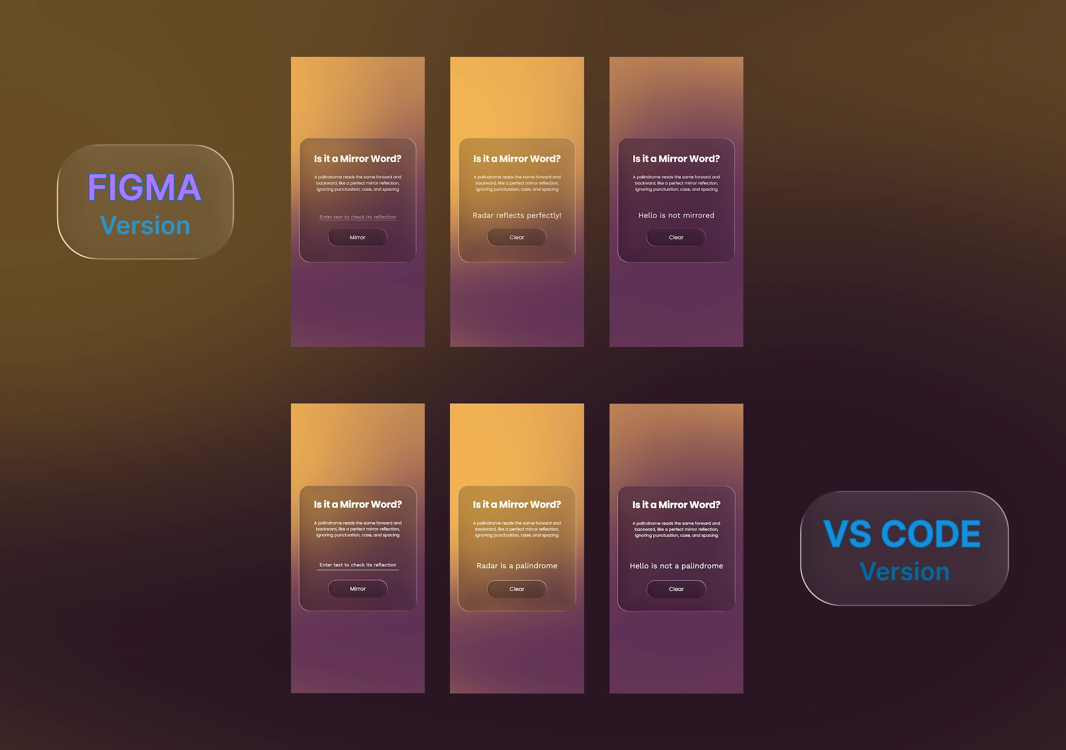 Palindrome Checker Project Mobile UI Preview Figma vs Visual Studio Code