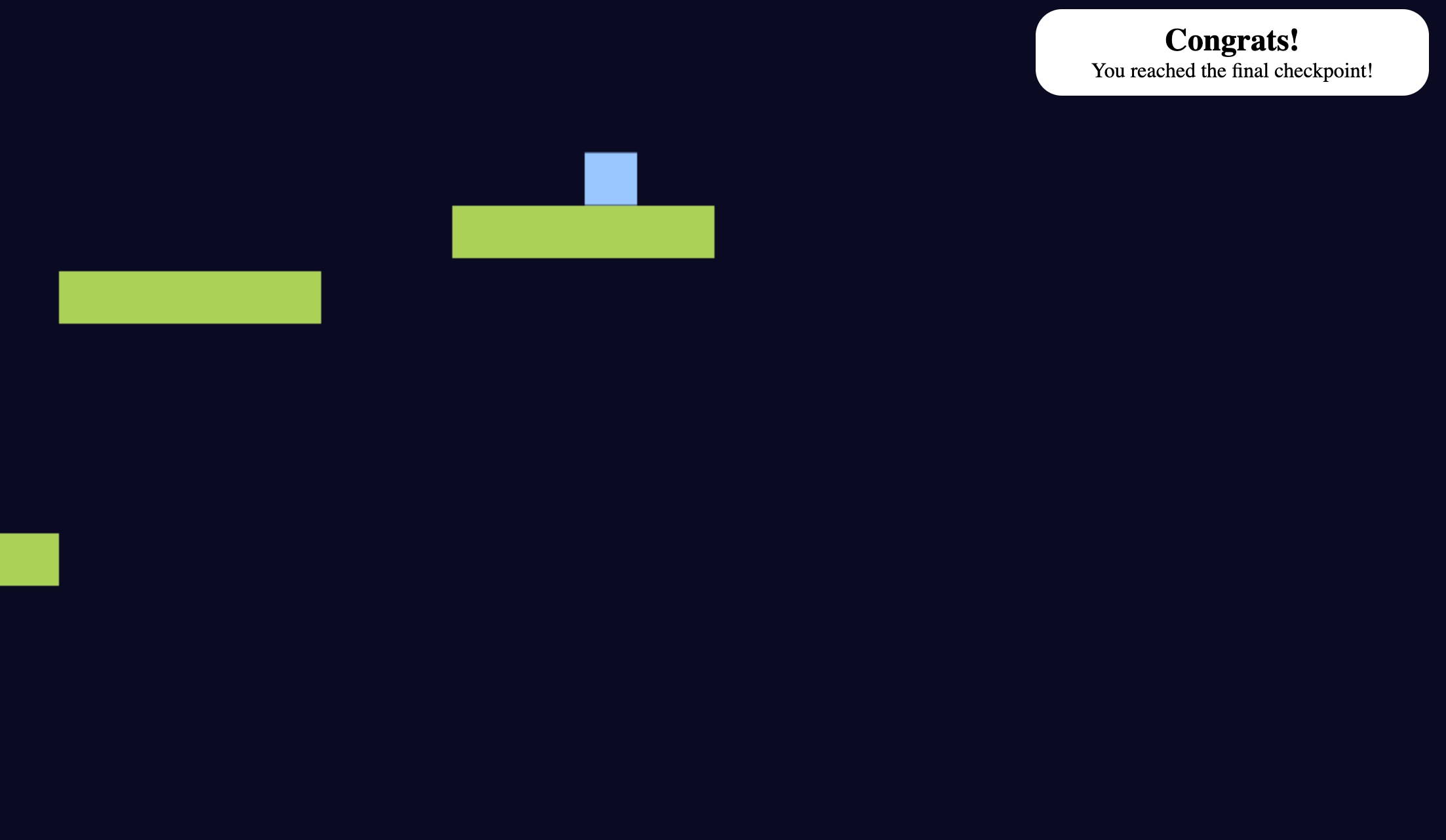 Victory screen showing congratulations for reaching final checkpoint