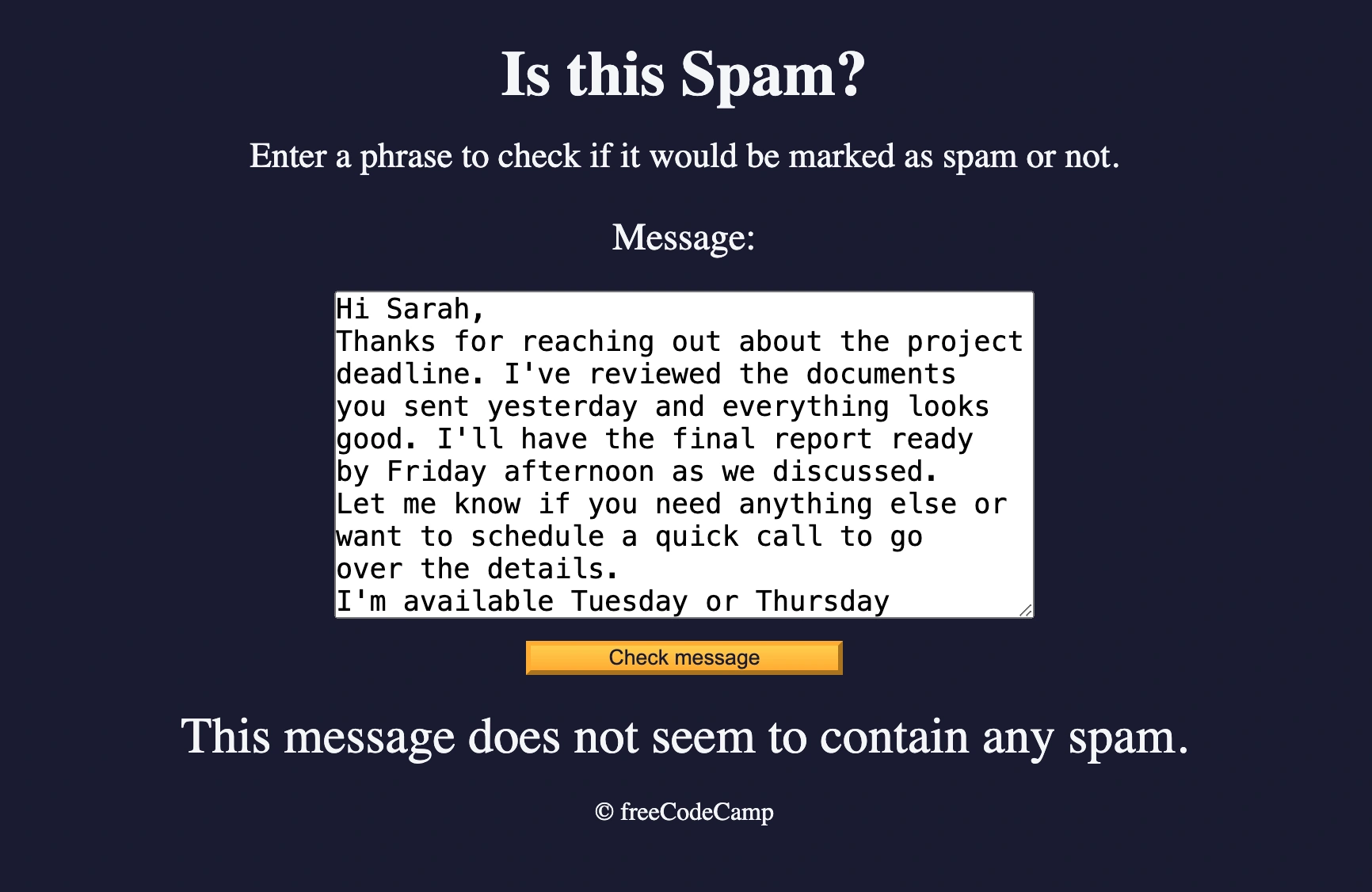 Spam Filter Project Preview – screenshot showing a message correctly identified as not spam