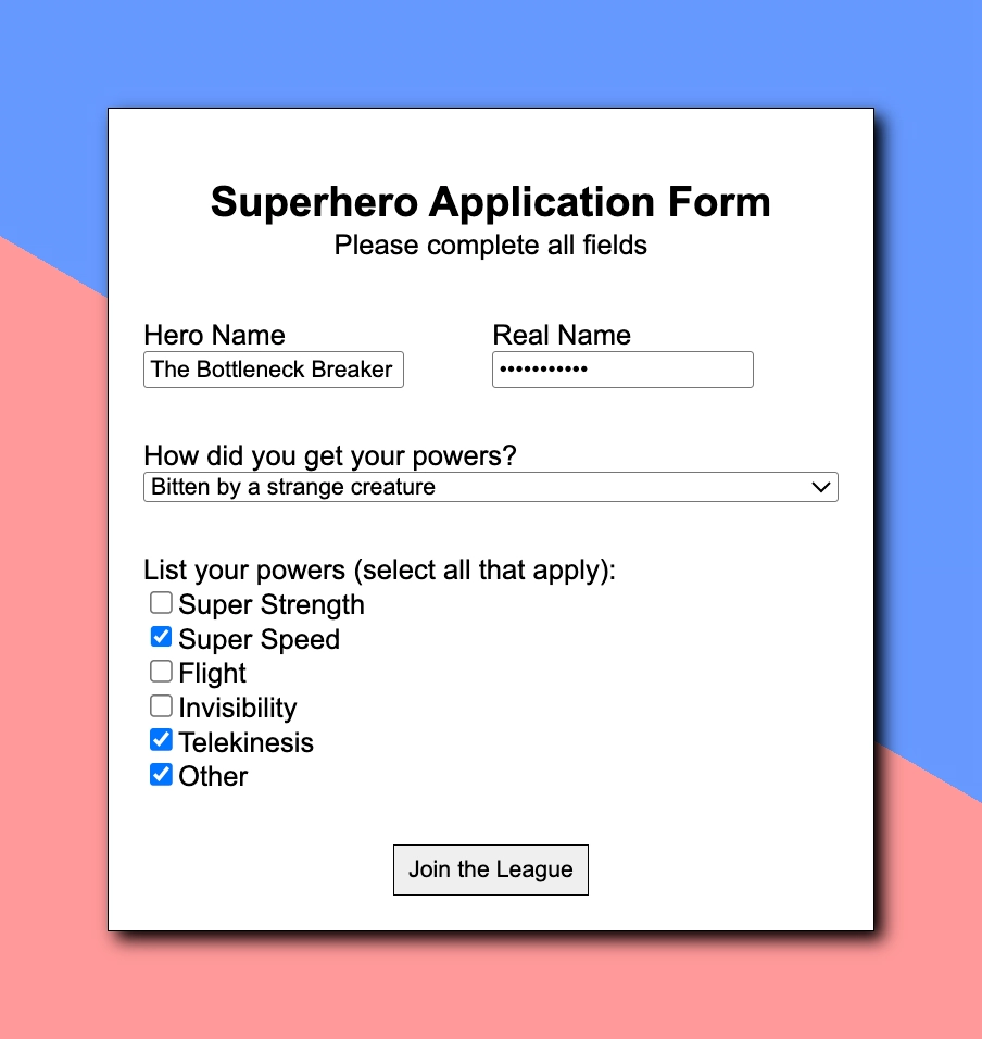 Superhero Application Form preview - Filled out form for 'The Bottleneck Breaker' with selected powers (Super Speed, Telekinesis, Other)