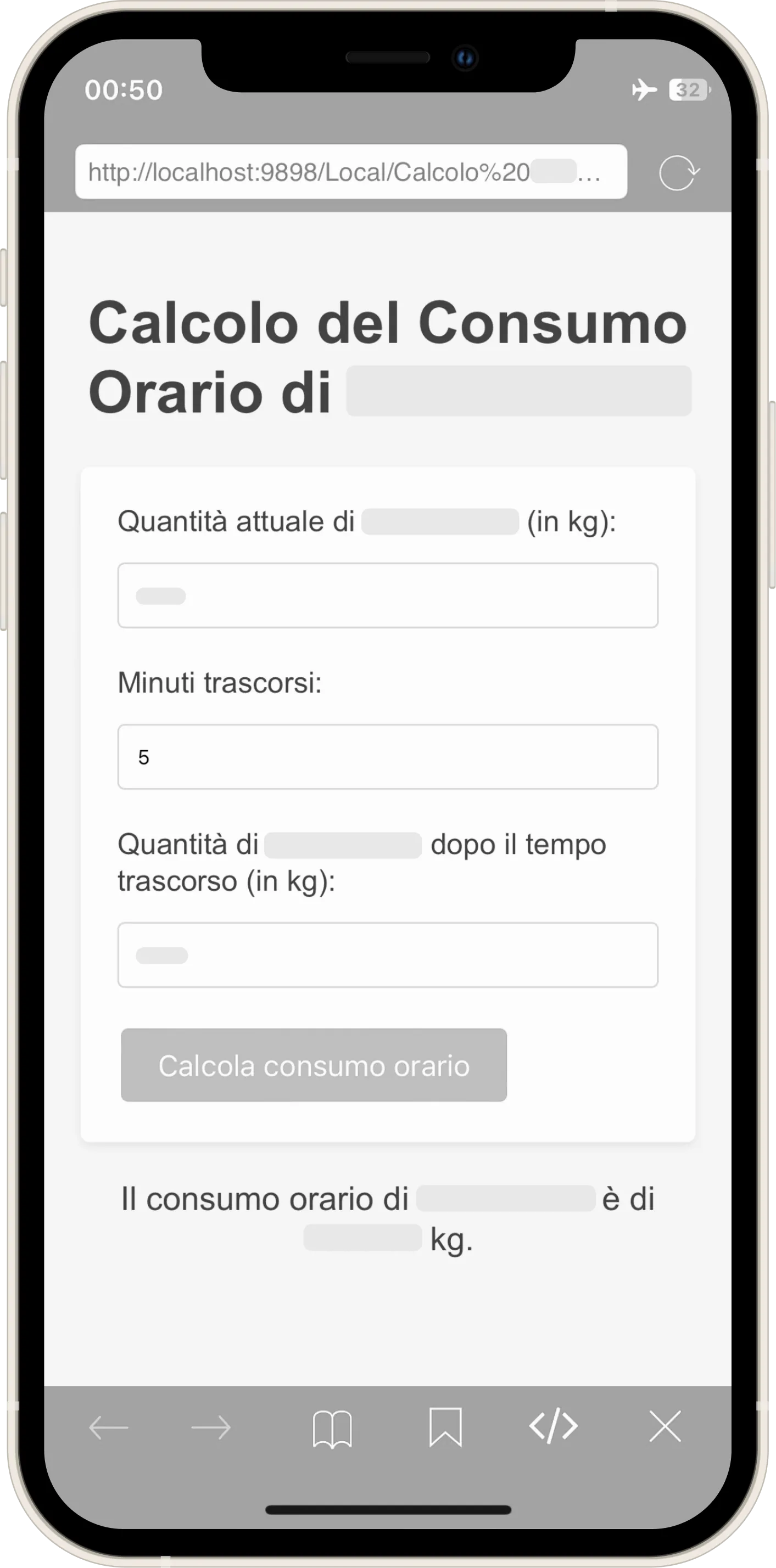 La calcolatrice del Consumo Orario con i 3 input per Quantità Attuale e Residua che ha sostituito le dosate fisiche
