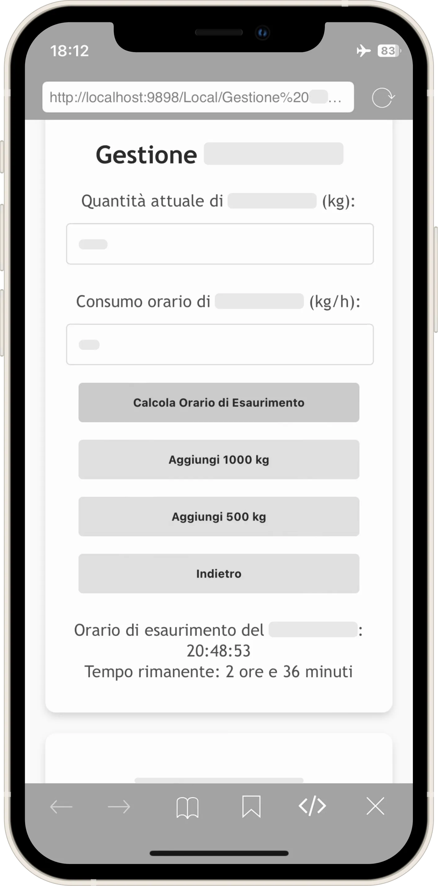L'interfaccia evoluta dove i box di input per Quantità Attuale e Consumo Orario sono finalmente centrati nel container