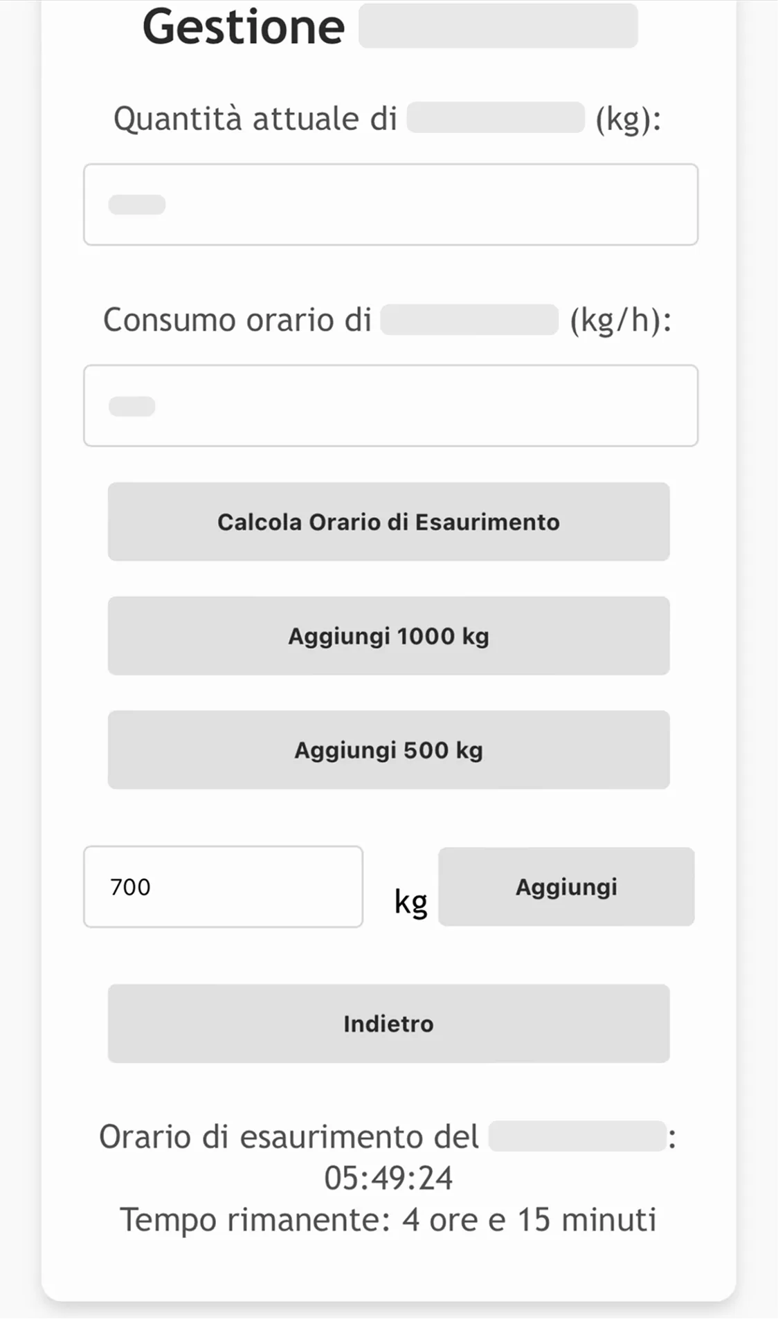 L'interfaccia resa scalabile grazie all'introduzione di un campo di input personalizzabile per permettere all'utente di inserire qualsiasi quantità di kg