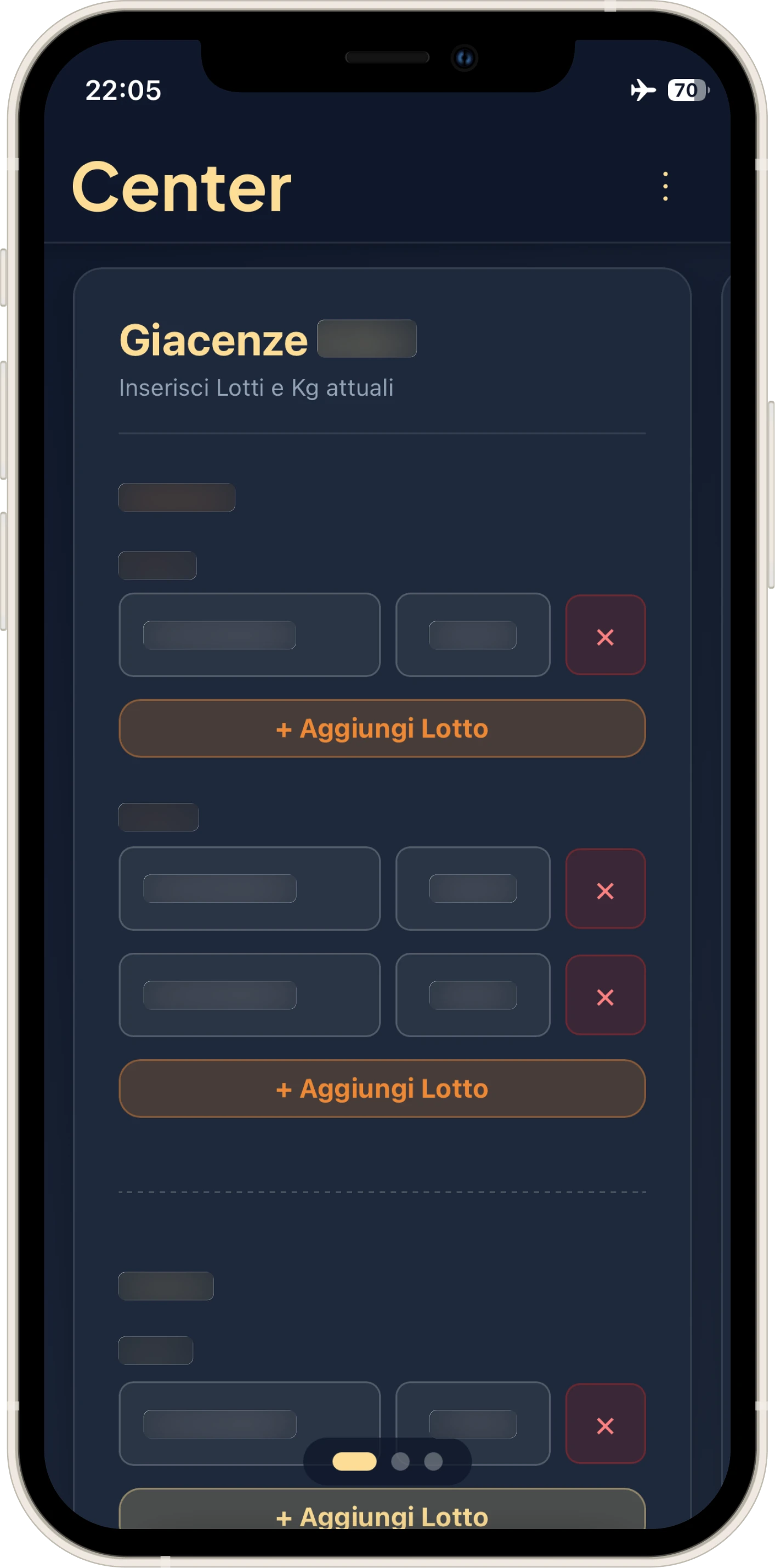 La schermata di input delle giacenze dove l'operatore inserisce manualmente i codici lotto e i kg attuali per ogni silos, alimentando il database locale dell'app