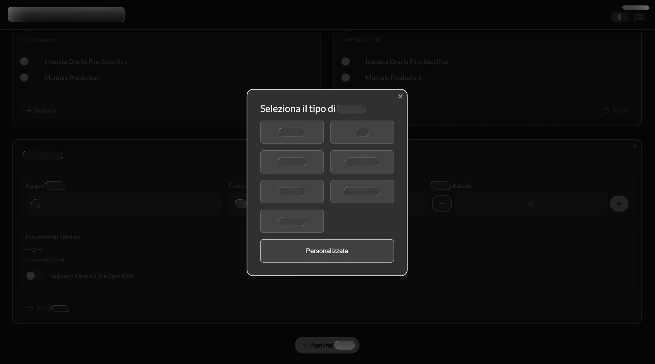 Il pannello di configurazione che permette agli operatori di personalizzare i consumi orari e i parametri per ogni materia prima