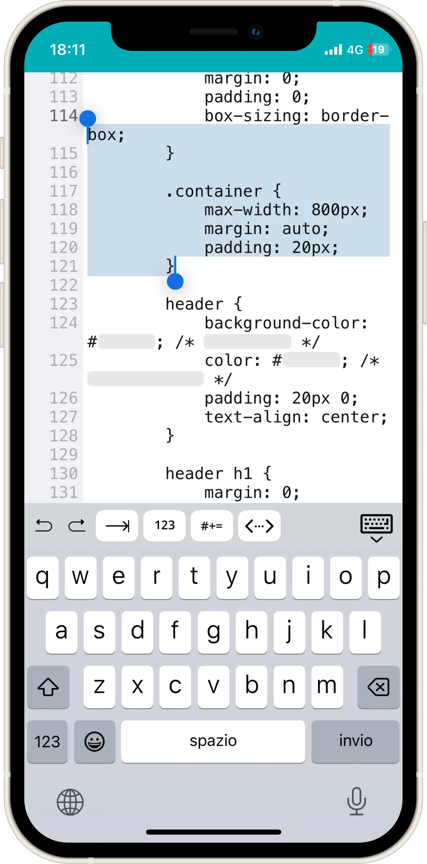 Uno screenshot dell'editor di codice Koder su iPhone 12 mini mentre modificavo live la classe CSS box