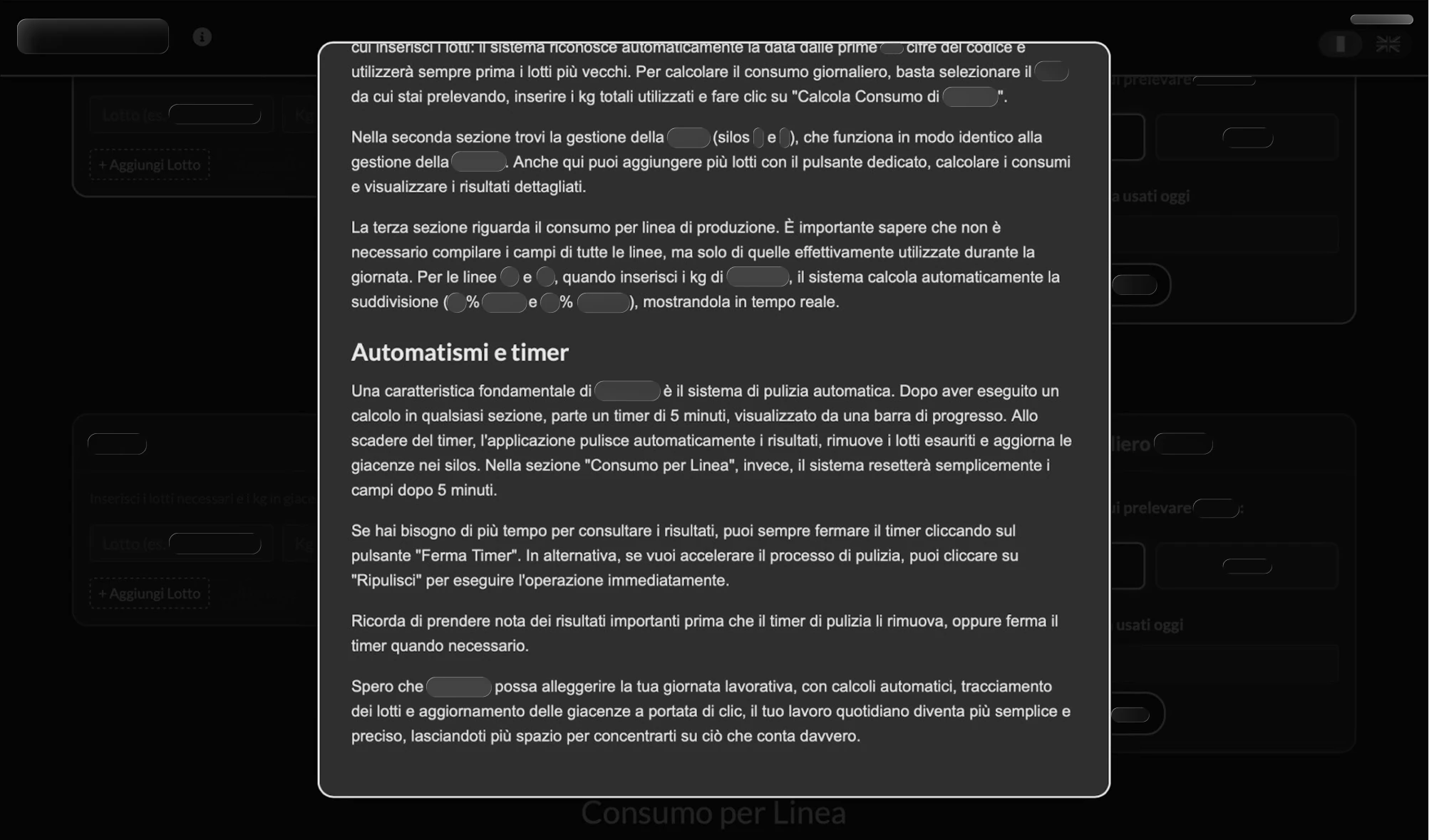 La guida in-app che mostra la schermata dove spiego il funzionamento del Timer automatico di pulizia dati poi rimosso