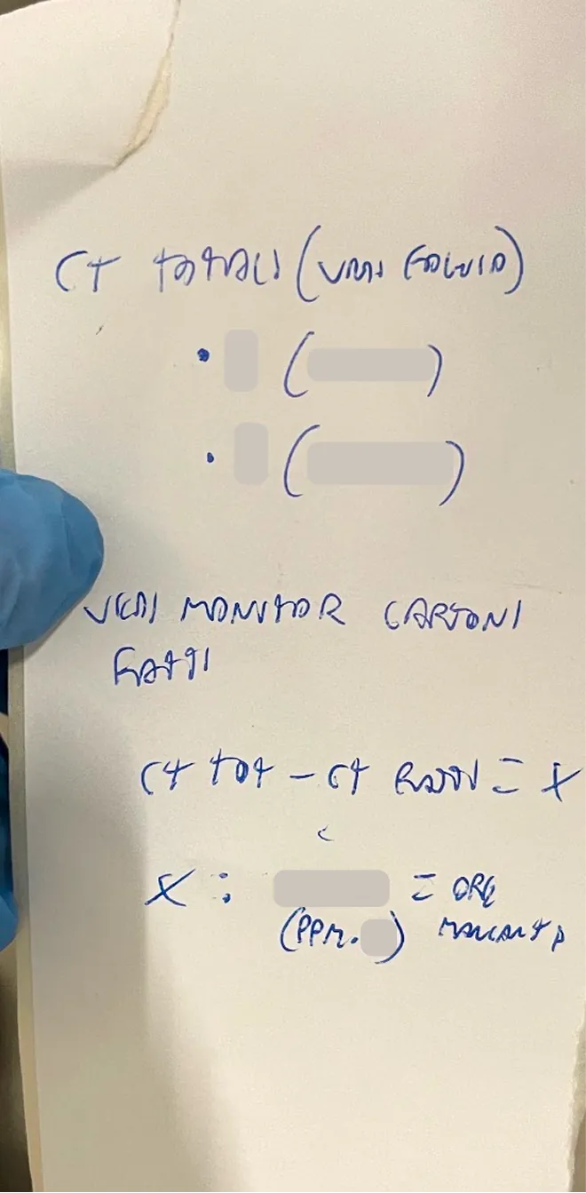 Gli appunti scritti a mano su un foglio di carta con la bozza della logica per la gestione dei residui di produzione