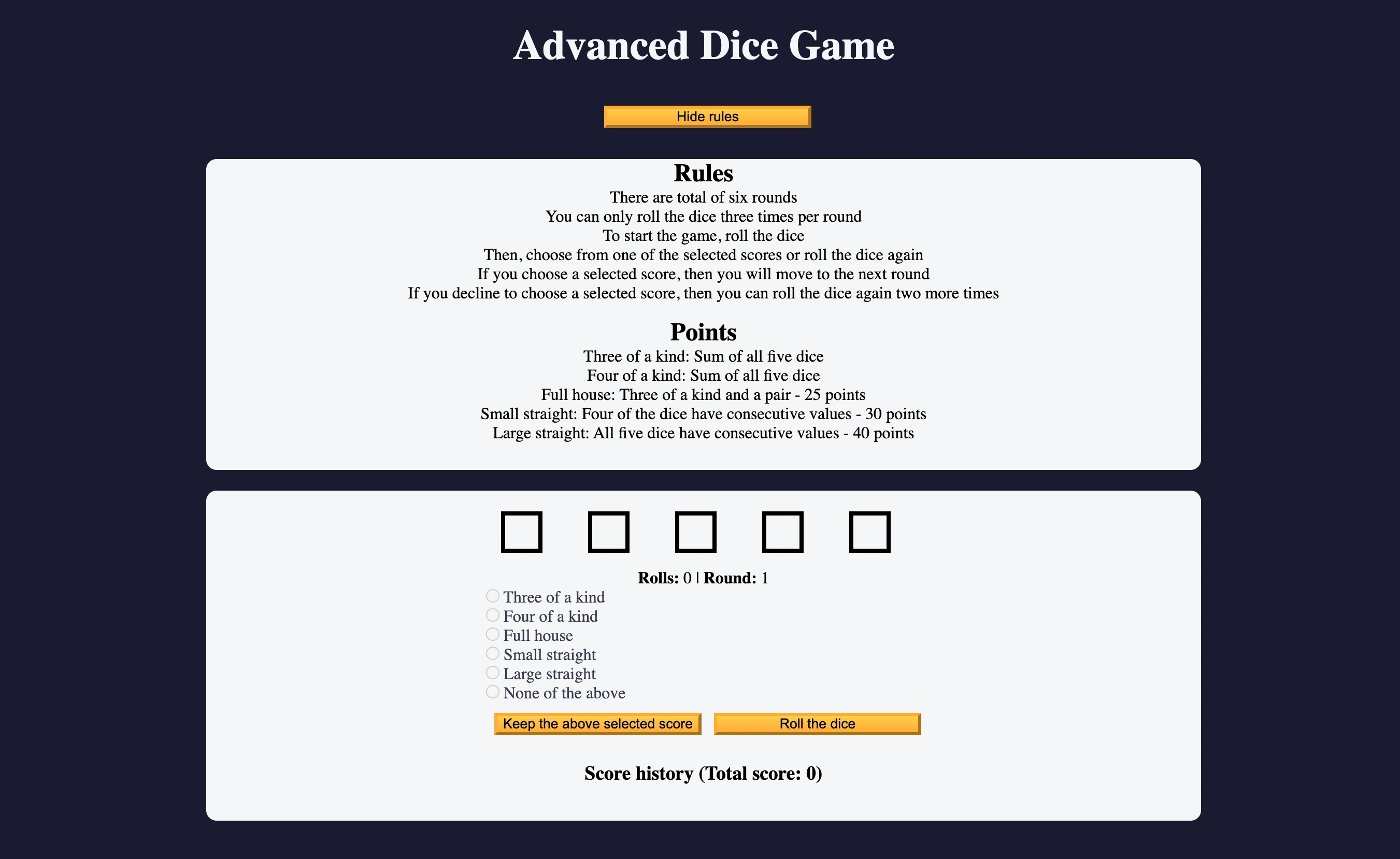 Interfaccia principale del gioco dei dadi che mostra le regole di gioco e 5 dadi