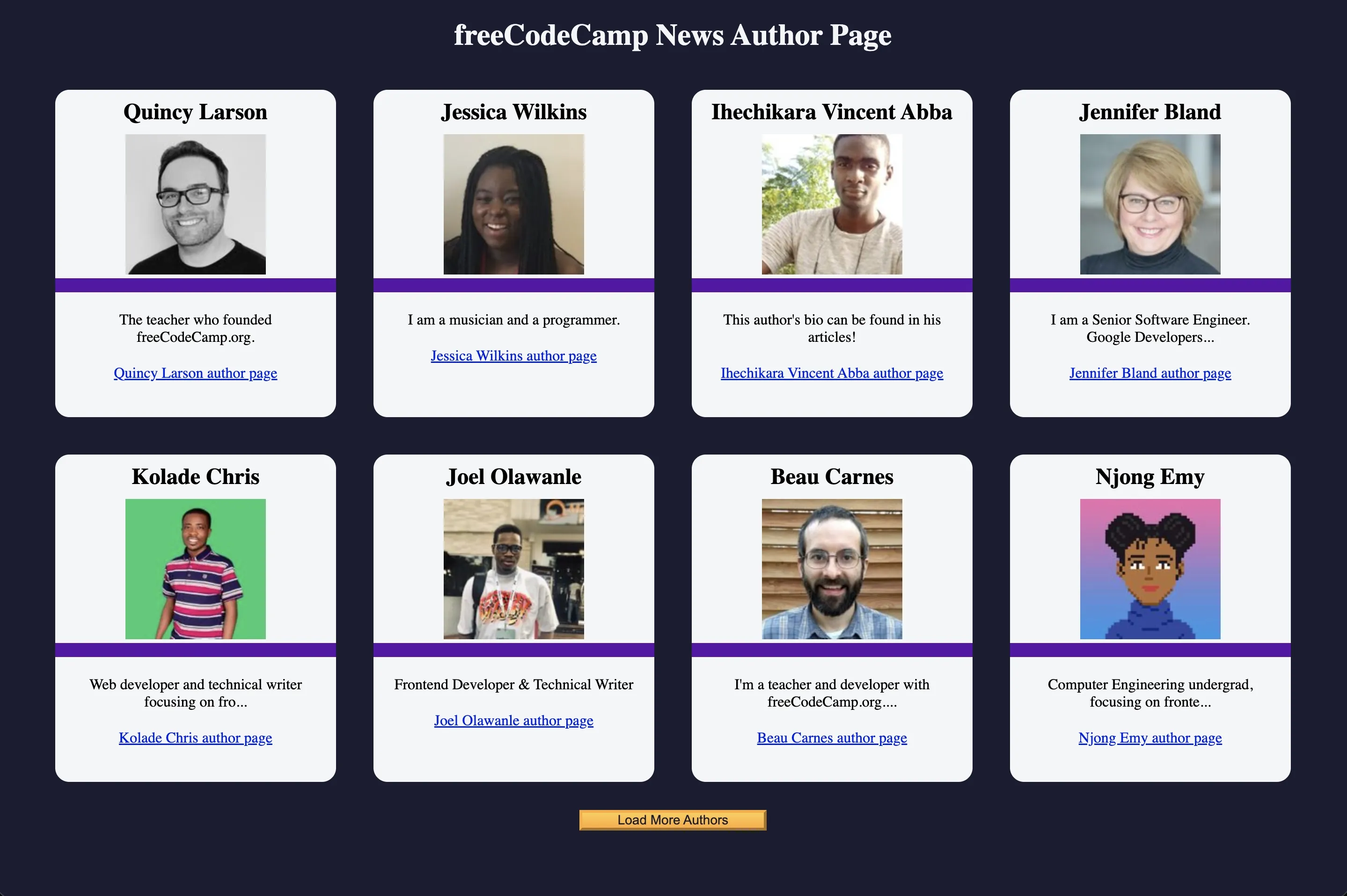 Screenshot della pagina principale freeCodeCamp News Authors con le prime 8 card degli autori caricate