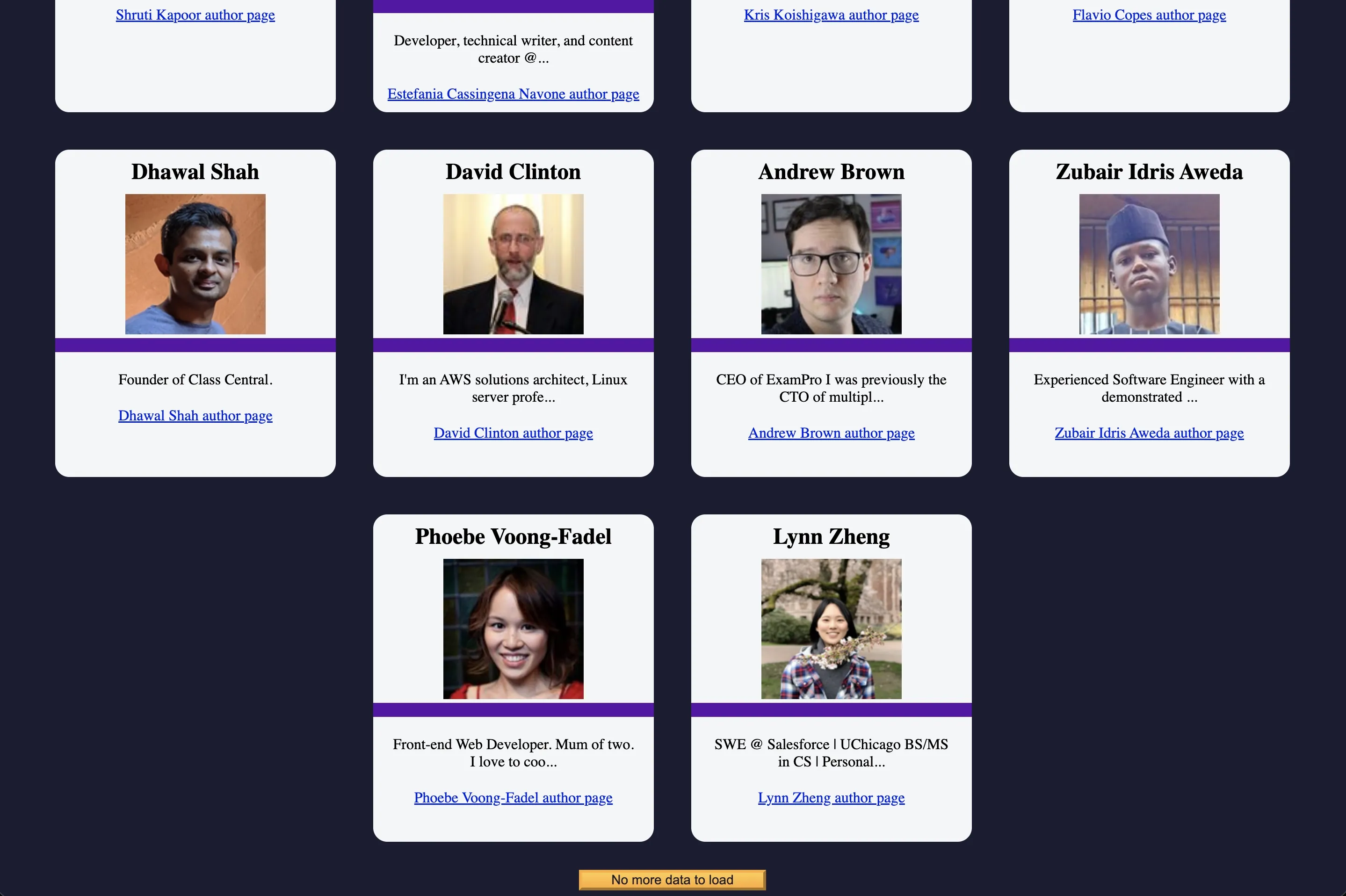 Screenshot finale della pagina mostrando il caricamento completo degli autori