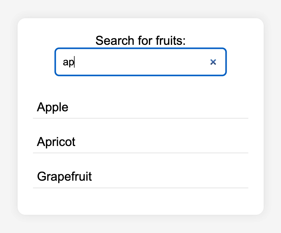 Anteprima Fruit Search App - Risultati di ricerca per 'app' che mostrano Apple, Apricot e Grapefruit