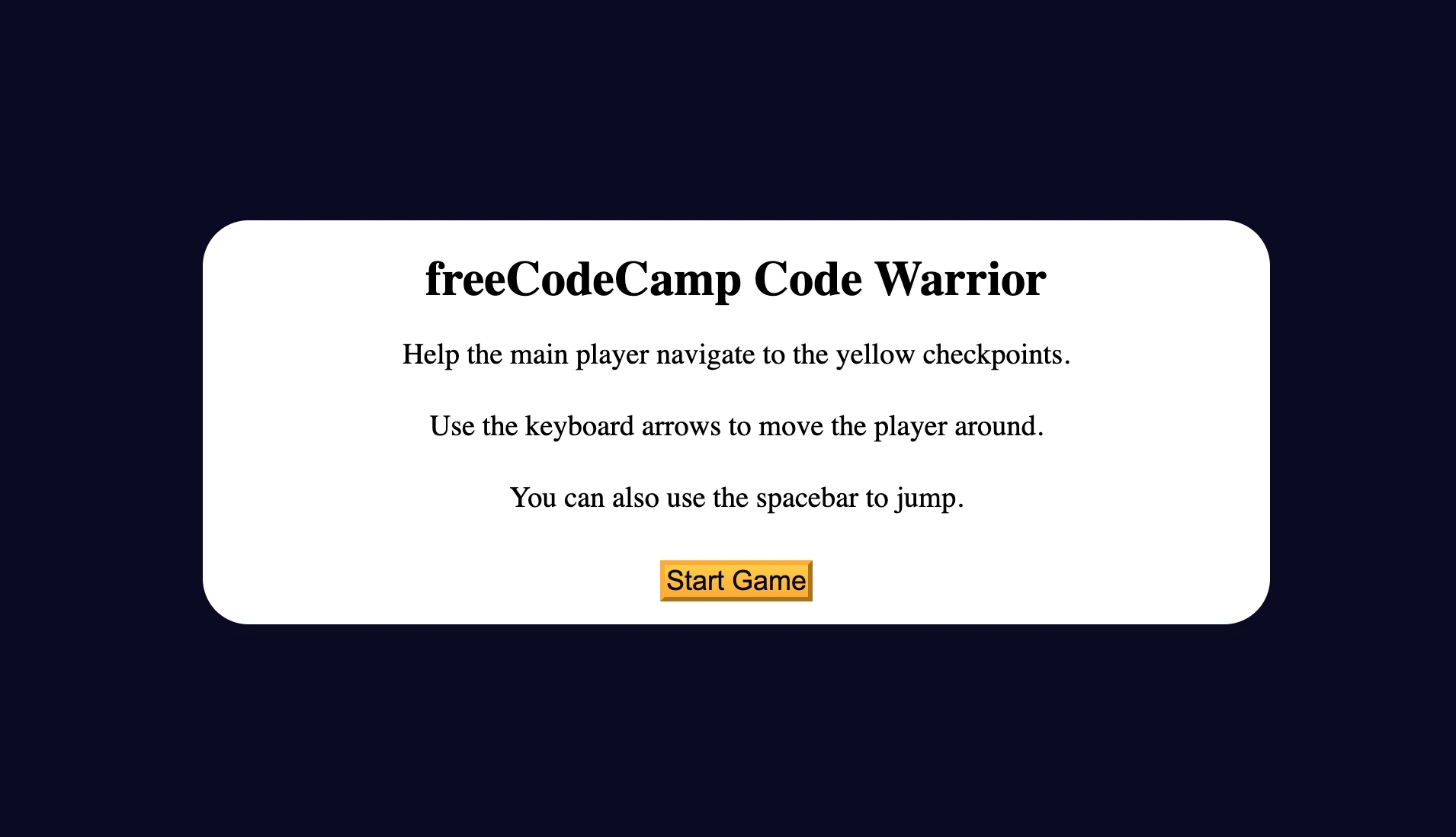 Menu principale che mostra il titolo Code Warrior con il pulsante Avvia gioco