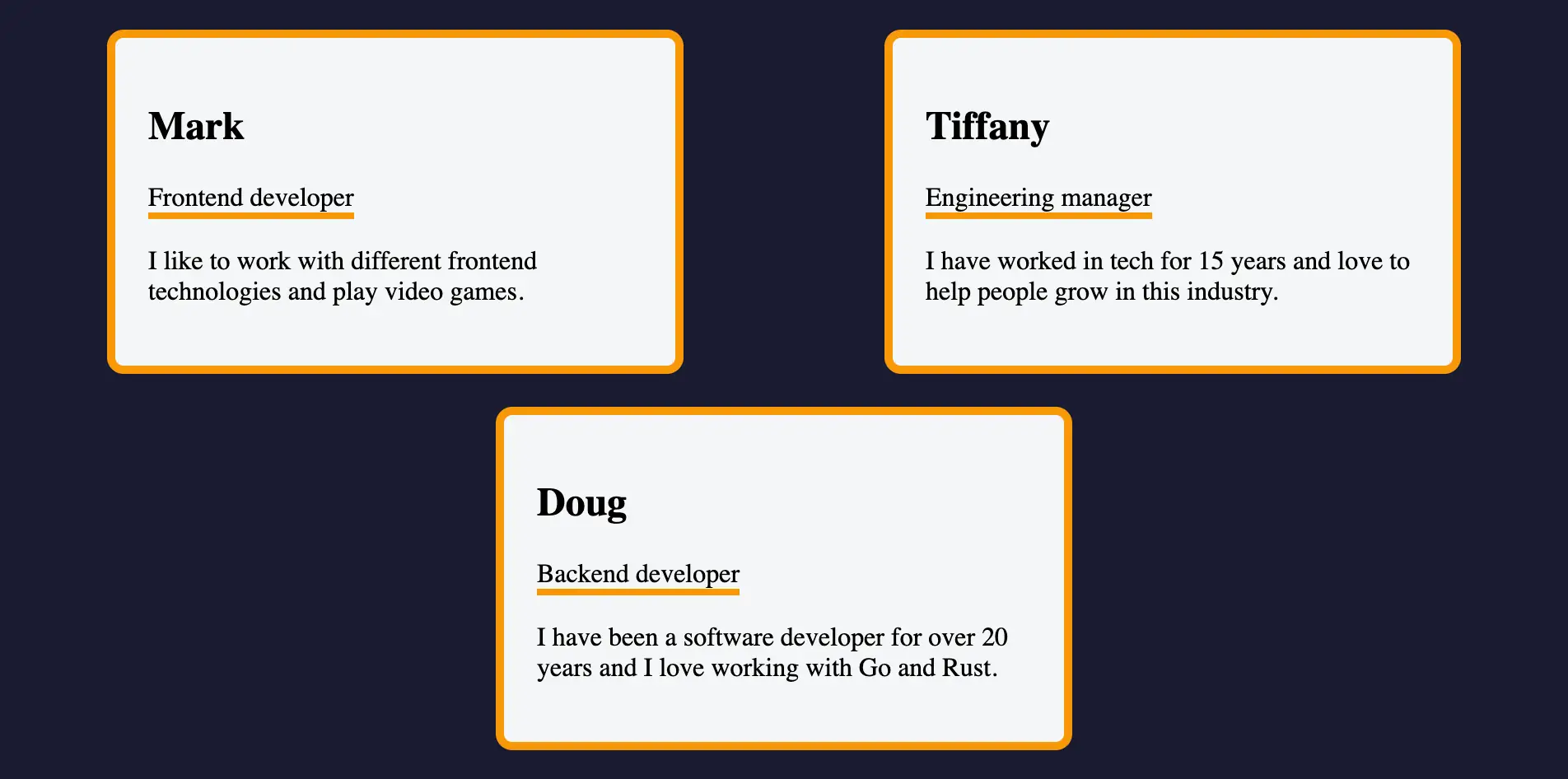 Anteprima Profile Card Project - Tre Card Profilo (Mark, Tiffany, Doug)
