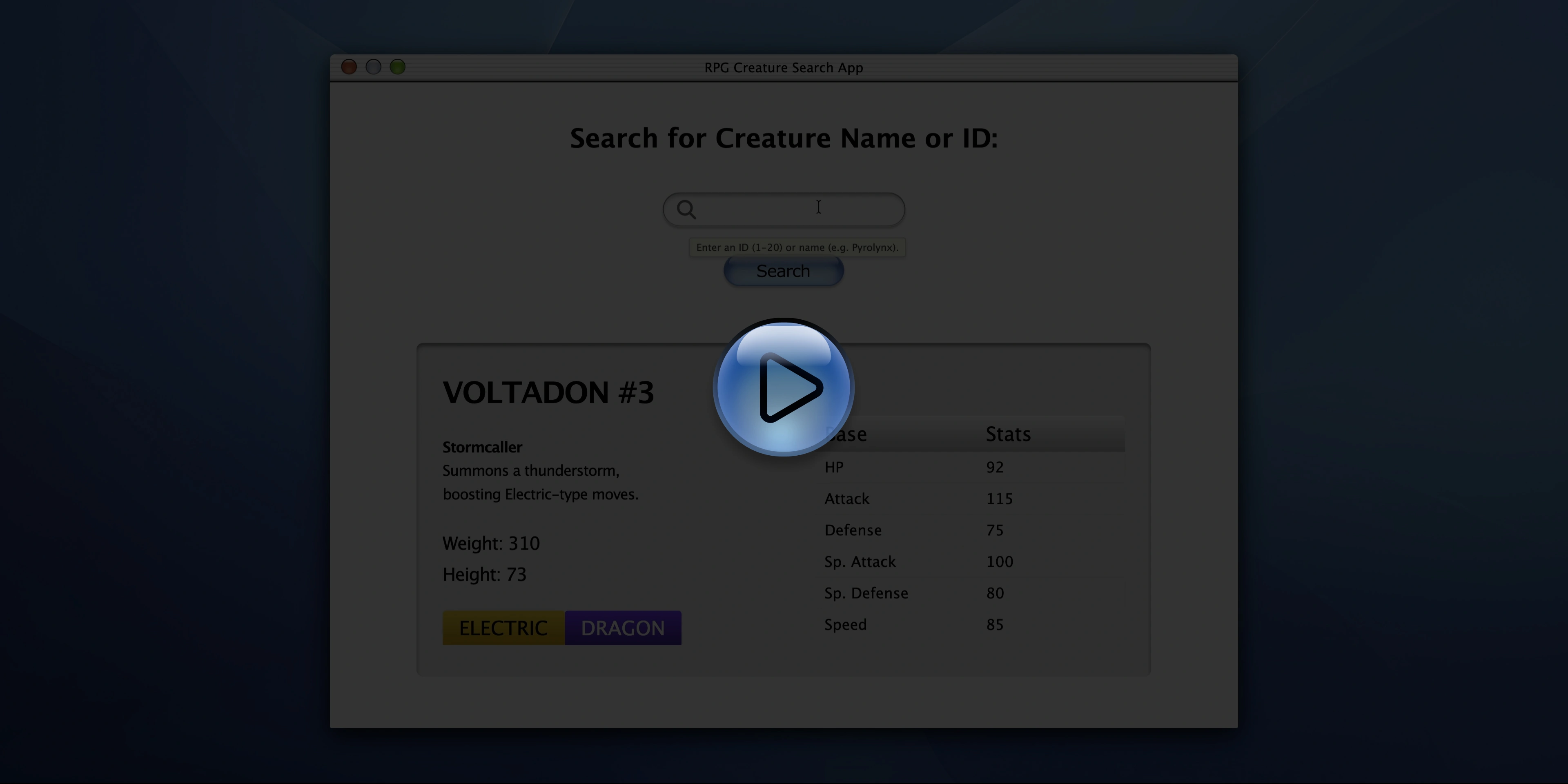 Interfaccia della RPG Creature Search App durante la ricerca di una creatura