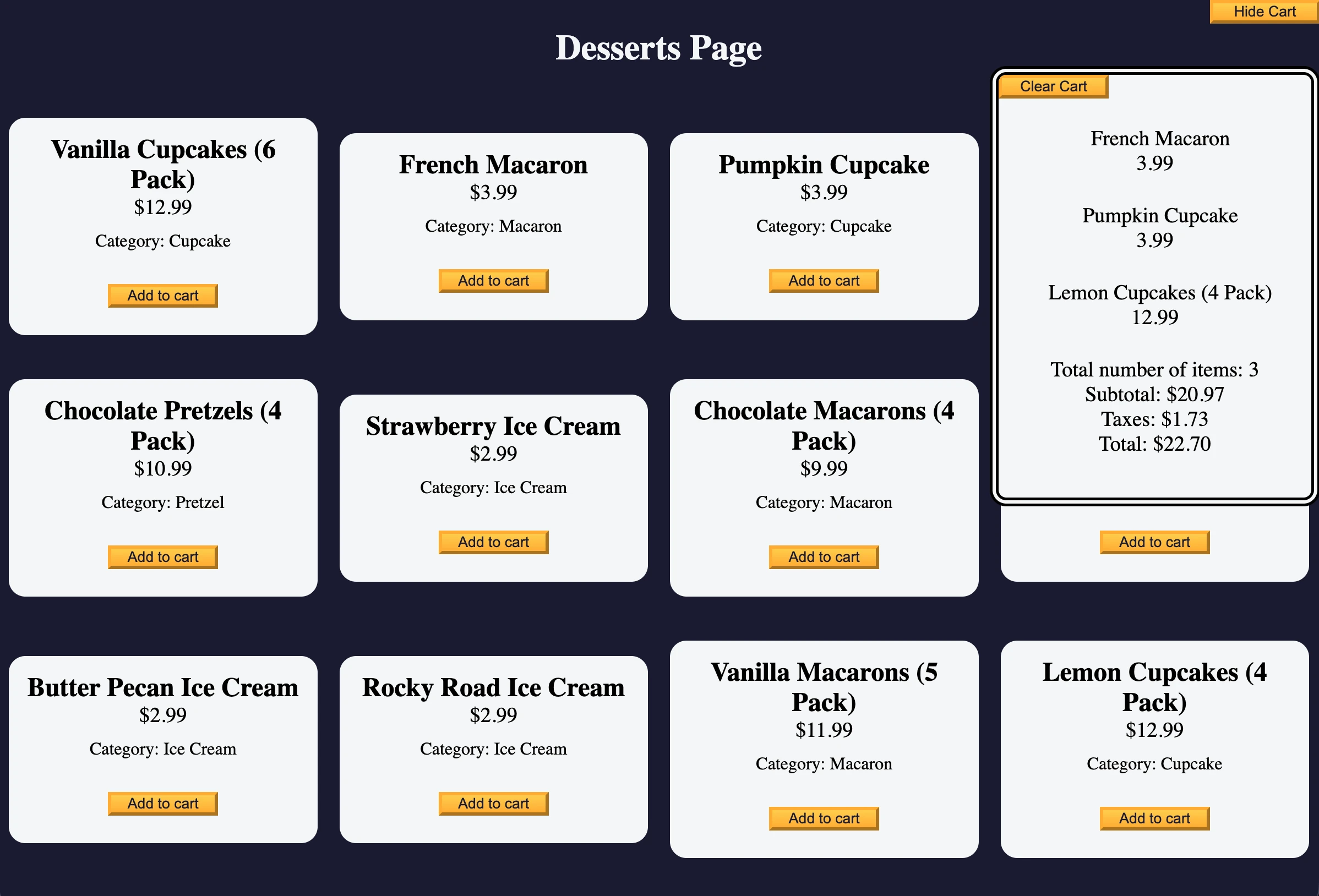 Anteprima del progetto Shopping Cart – pagina finale