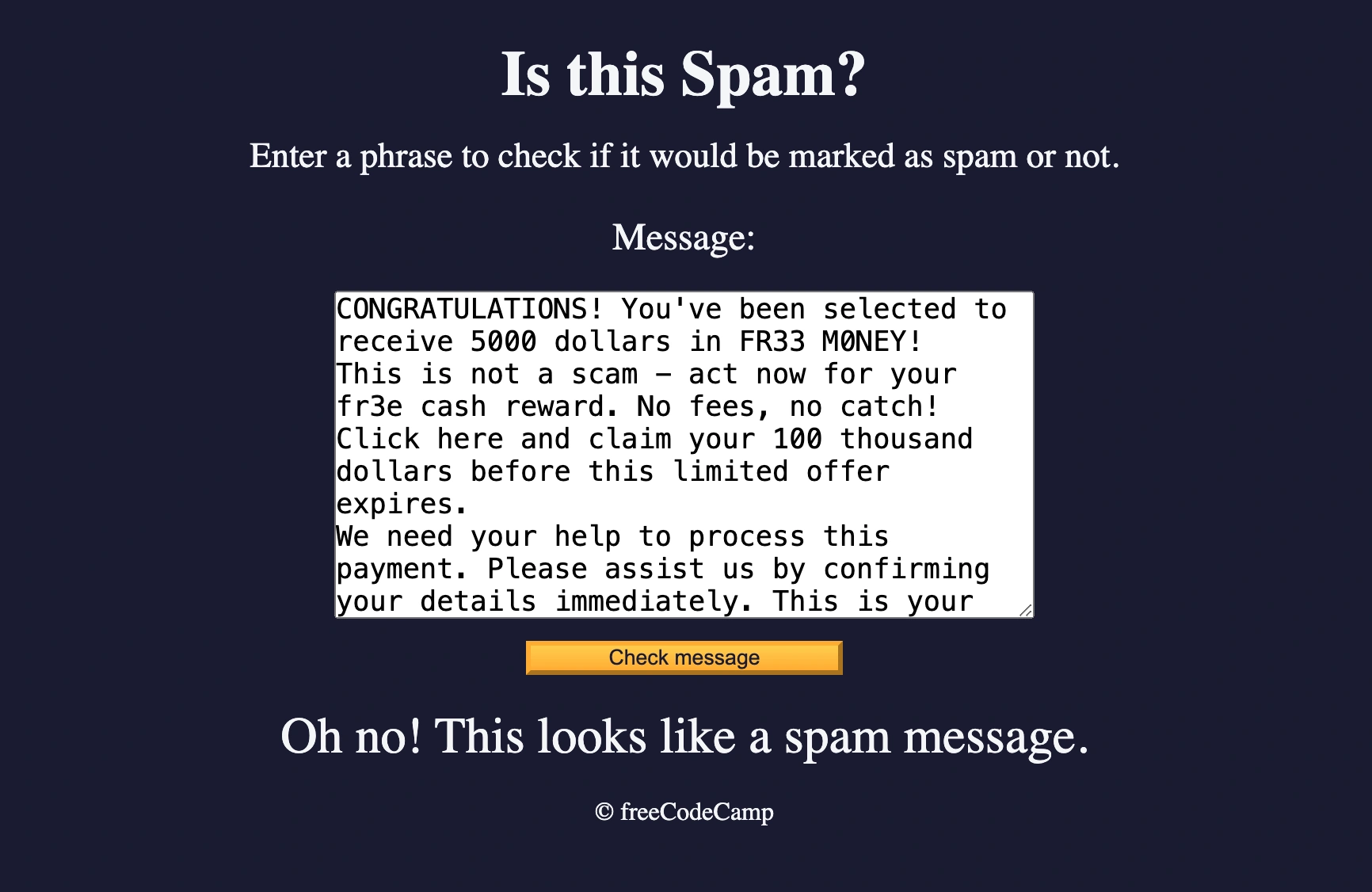 Anteprima del progetto Spam Filter – screenshot che mostra un messaggio correttamente identificato come spam