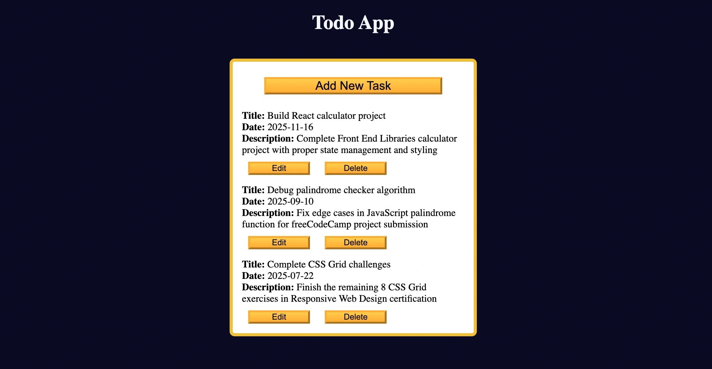 Anteprima del progetto Todo App – screenshot di esempio della pagina principale